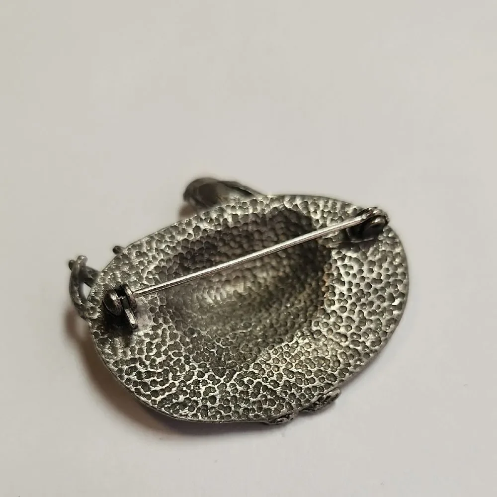Marjolein Bastin Brooch Pewter Hat, Bird & Paint Brushes Vintage Pin